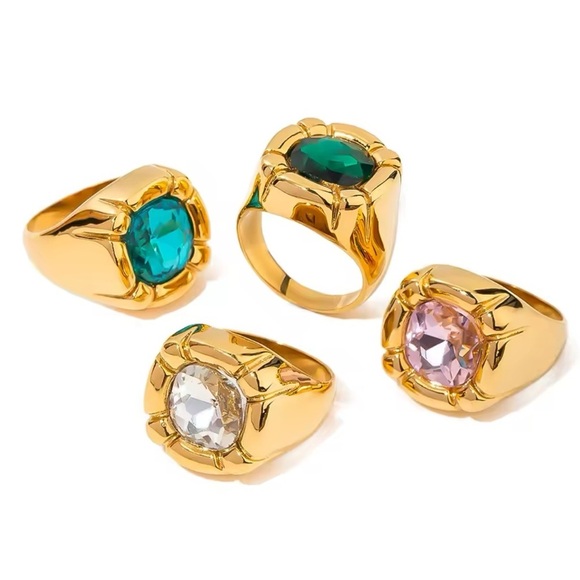 Emerald Green 18K Gold Stainless Steel Waterproof Gemstone Ring - Picture 8 of 15